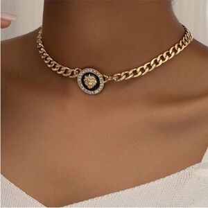 Gold and Black Lion Medallion Choker Necklace